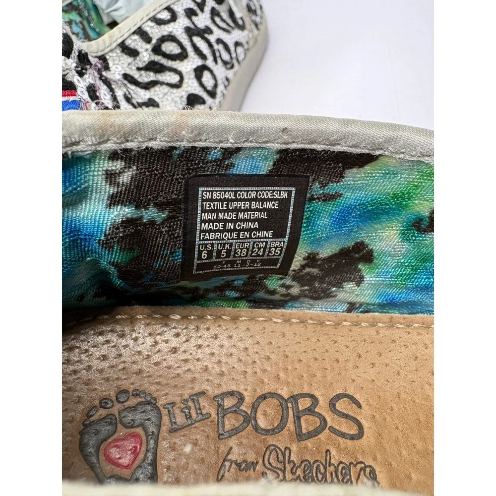 Skechers‎ Bobs Womens Leopard Sequin Slip On Flats Silver Black SN 85040L Size 6
